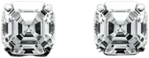 4.00 Carat Asscher Cut Simulated Diamond Push Back 4 Prong Solitaire Unisex Stud Earrings In 14K White Gold Plated 925 Silver.