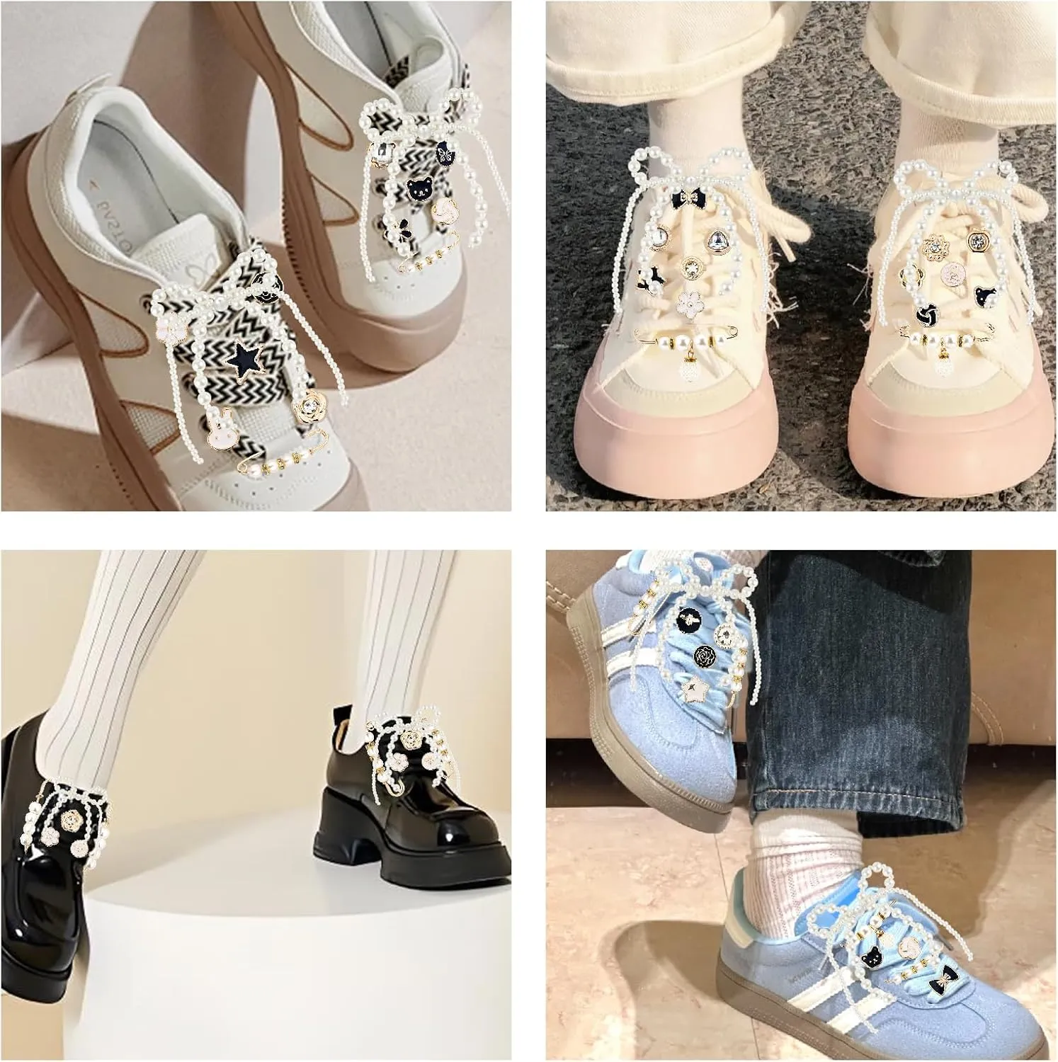 48Pcs Shoe Charms for Sneakers Bow Shoe Lace Charms Junk Sock Jewelry Kit for Women DIY Accessories Rhinestone Brooch Buttons Pearl Flower Clips Safety Pin Gold for Sneaker Hat Clothes Decoration
