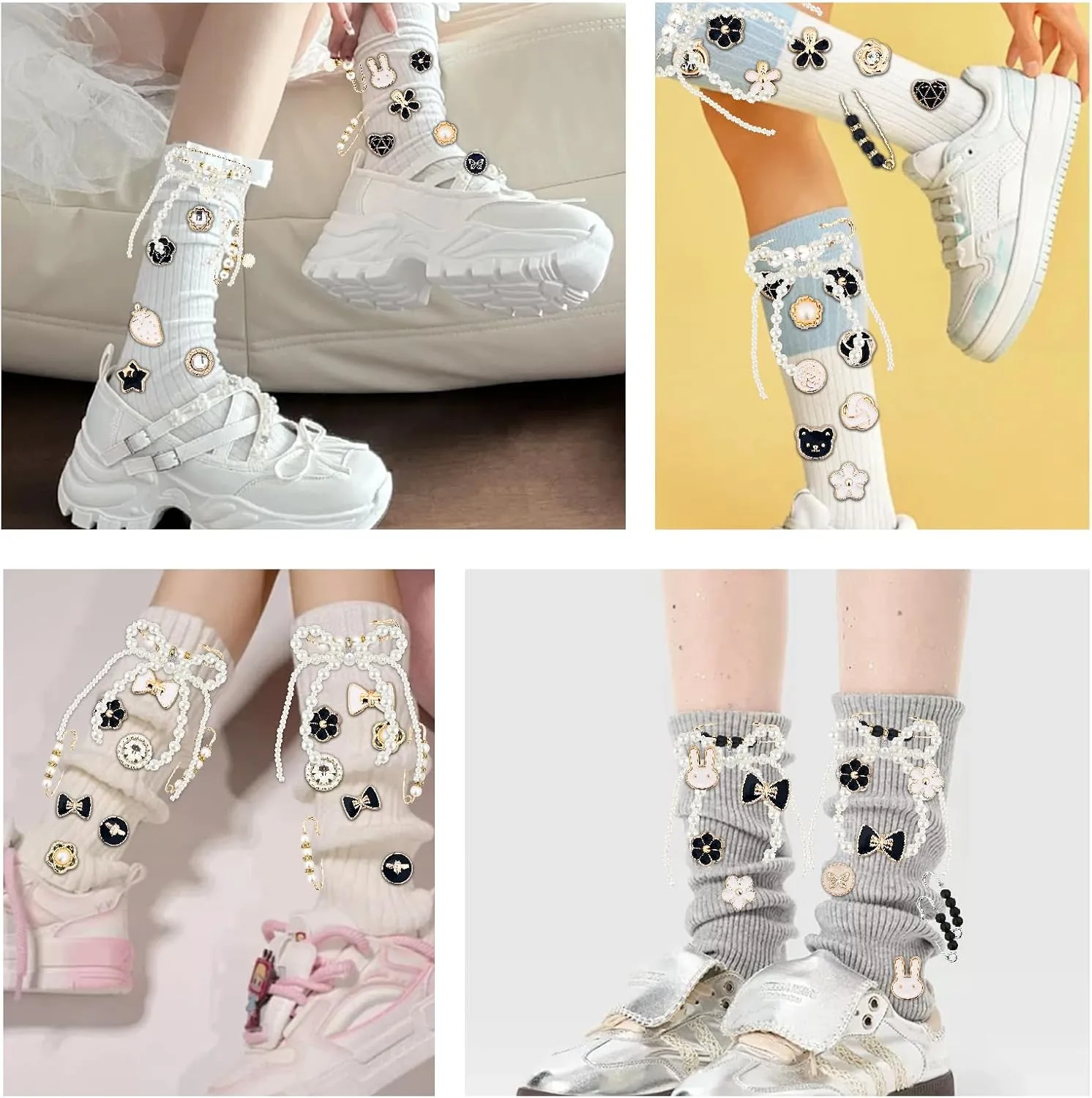 48Pcs Shoe Charms for Sneakers Bow Shoe Lace Charms Junk Sock Jewelry Kit for Women DIY Accessories Rhinestone Brooch Buttons Pearl Flower Clips Safety Pin Gold for Sneaker Hat Clothes Decoration