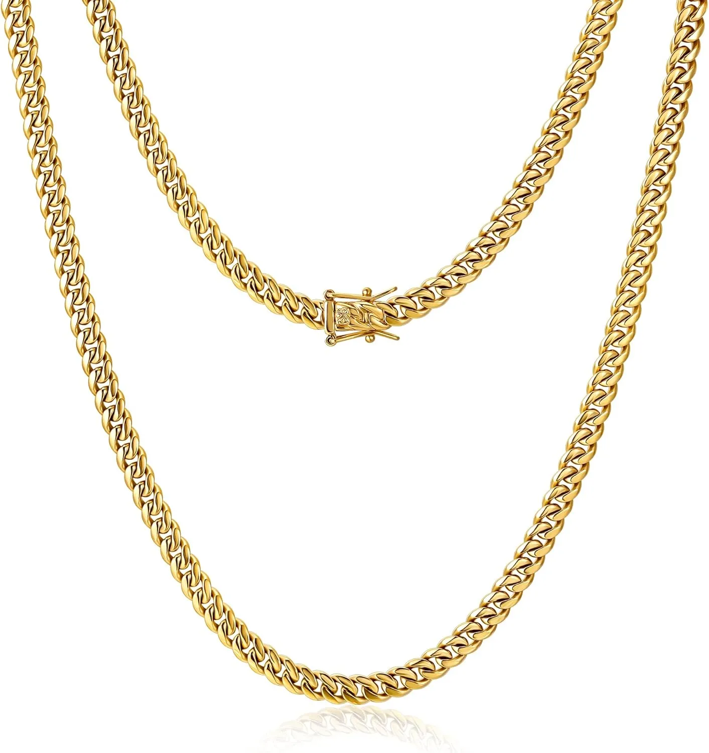 4mm 6mm Miami Cuban Link Chain 14K REAL Gold Plated 316L Stainless Steel Solid Necklace Bracelet for Womens Mens(Double Safety Clasp, Custom Box and Pouch Packing, Christmas Gift)