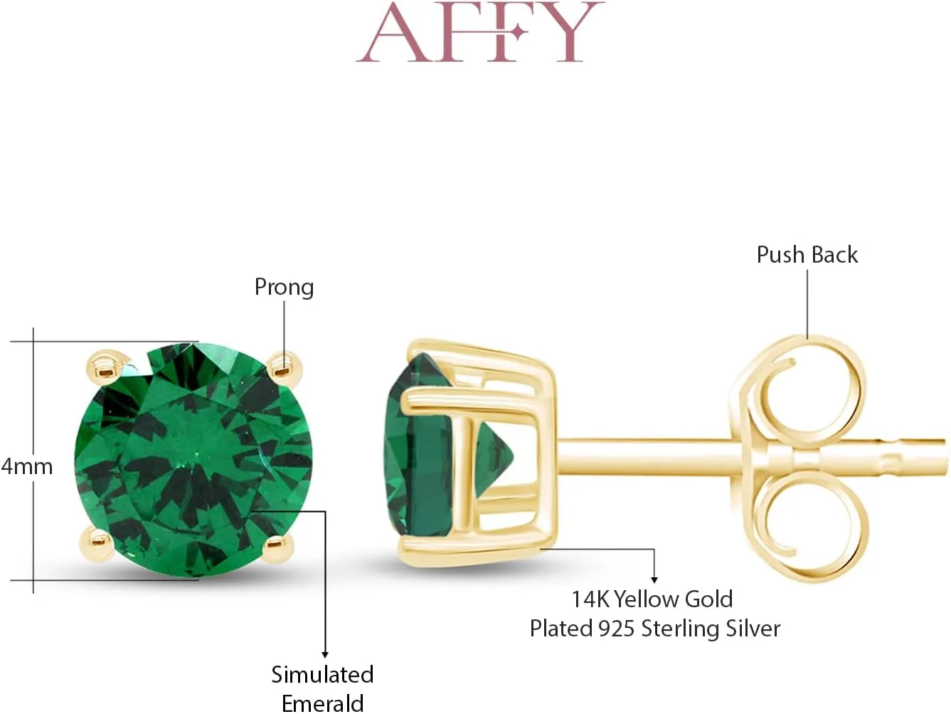 4MM Round Shaped Simulated Birthstone Stud Earrings Prong Setting Push Back Earrings In 14K Gold Over Sterling Silver (0.5 Ct), Jewelry Gift For Her