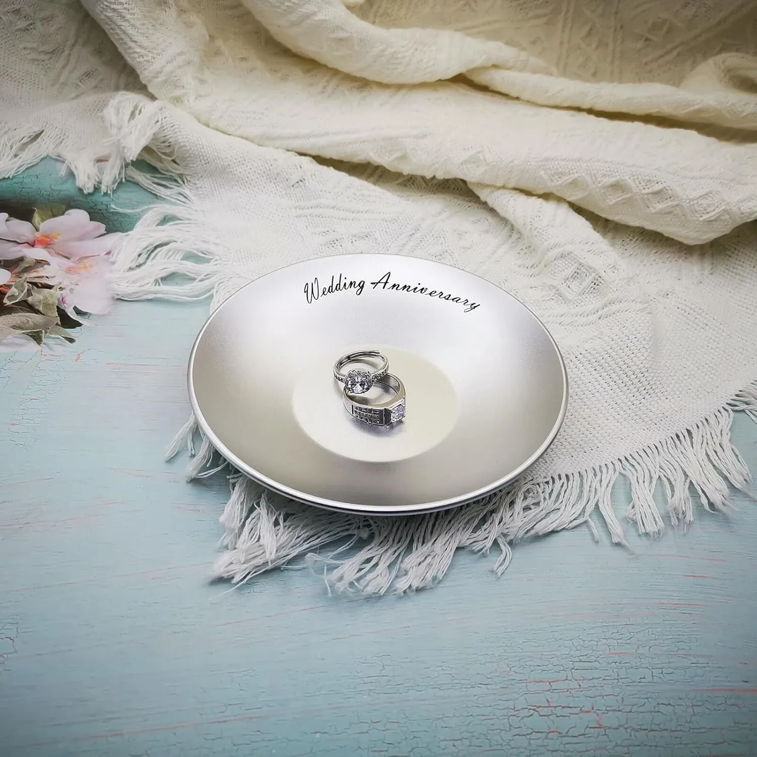 5 10 year Wedding Anniversary Tin Gifts for her/him/Wife/Couples -5 In. Aluminum Ring holder jewelry tray, room decor aesthetic trinket dish as wifey gifts for valentines day