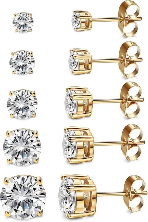 5 Pairs 14K Gold Plated Stainless Steel Stud Earrings for Women, Earring Sets for Multiple Piercing, Premium Cubic Zirconia Studs Earrings for Women