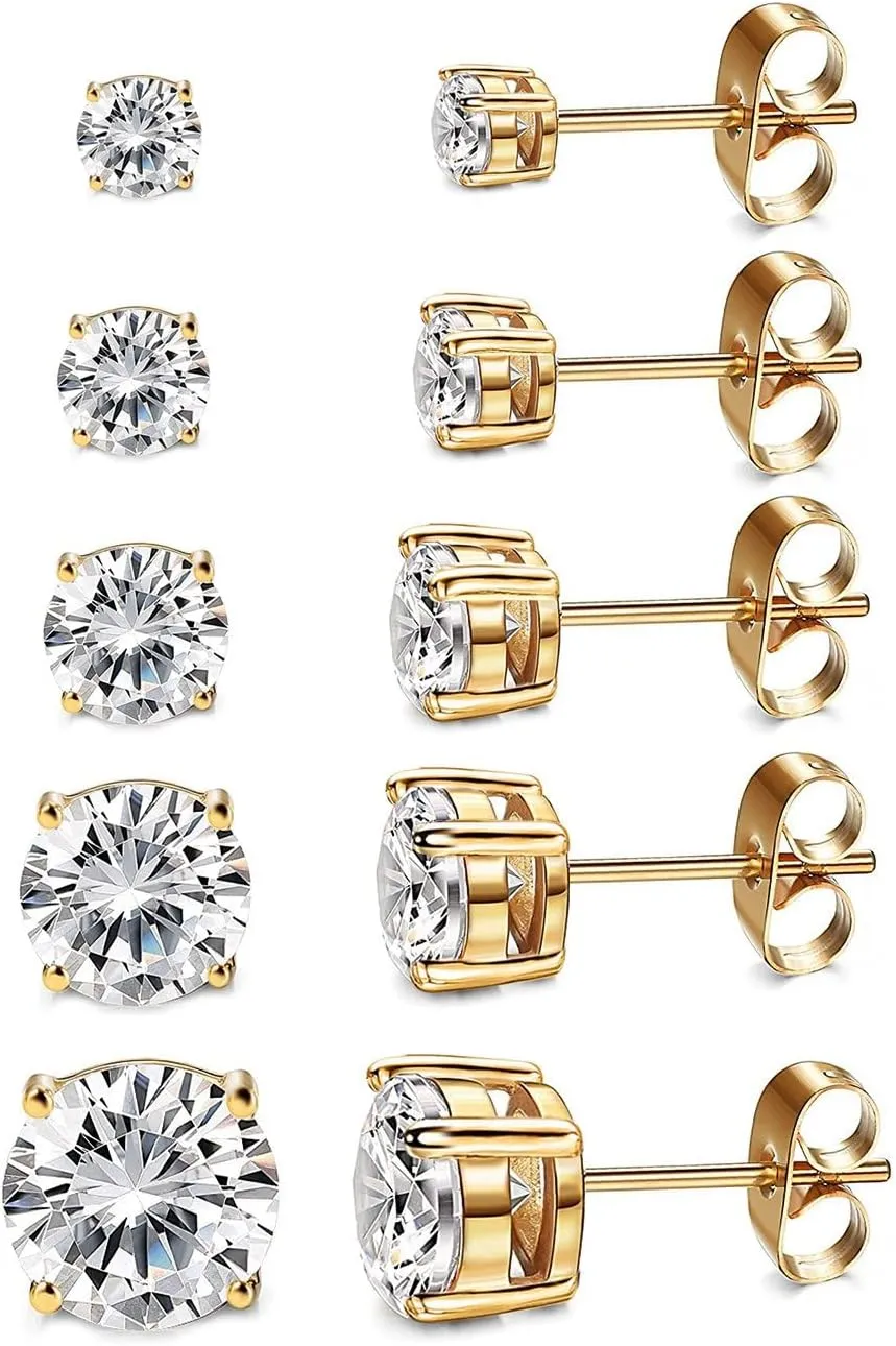 5 Pairs 14K Gold Plated Stainless Steel Stud Earrings for Women, Earring Sets for Multiple Piercing, Premium Cubic Zirconia Studs Earrings for Women