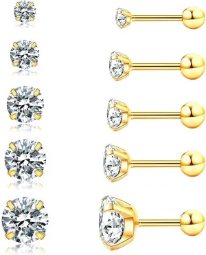 5 Pairs 14K Gold Plated Stainless Steel Stud Earrings for Women, Hypoallergenic Cartilage Earring Sets for Multiple Piercing, Cubic Zirconia Studs Earrings for Men