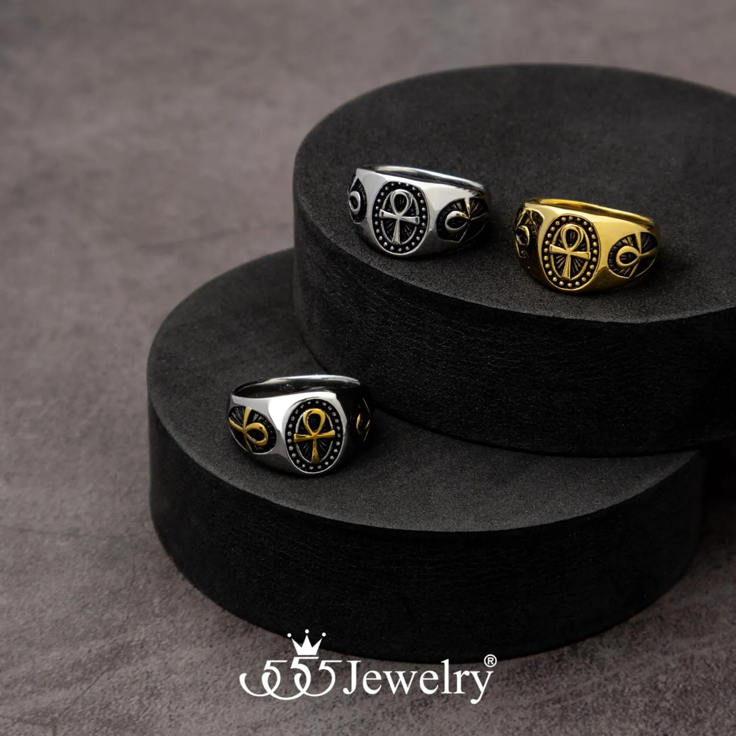 555Jewelry Ancient Egyptian Jewelry Stainless Steel Ring - Ankh Cross Ring for Men | Coptic Amulet Rings for Men Fashion