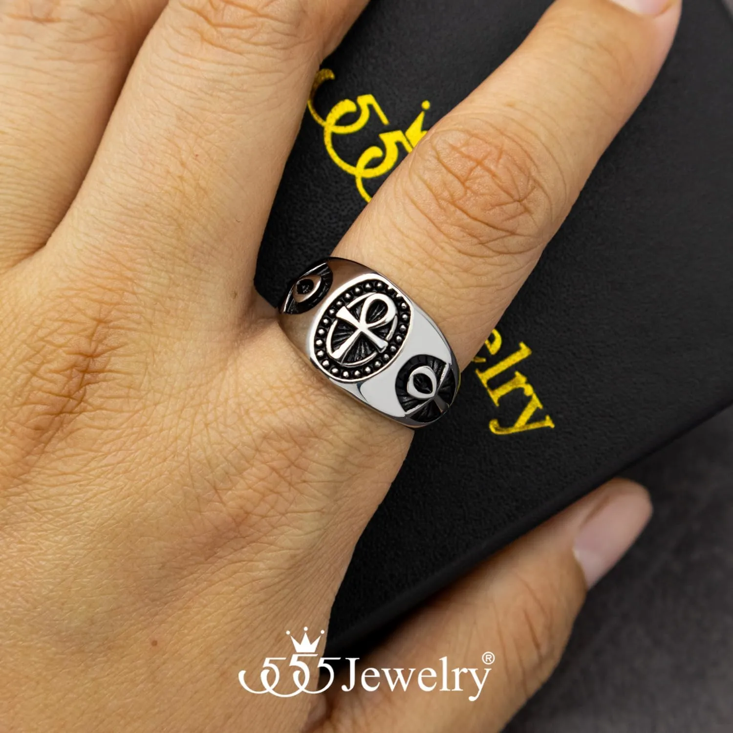 555Jewelry Ancient Egyptian Jewelry Stainless Steel Ring - Ankh Cross Ring for Men | Coptic Amulet Rings for Men Fashion