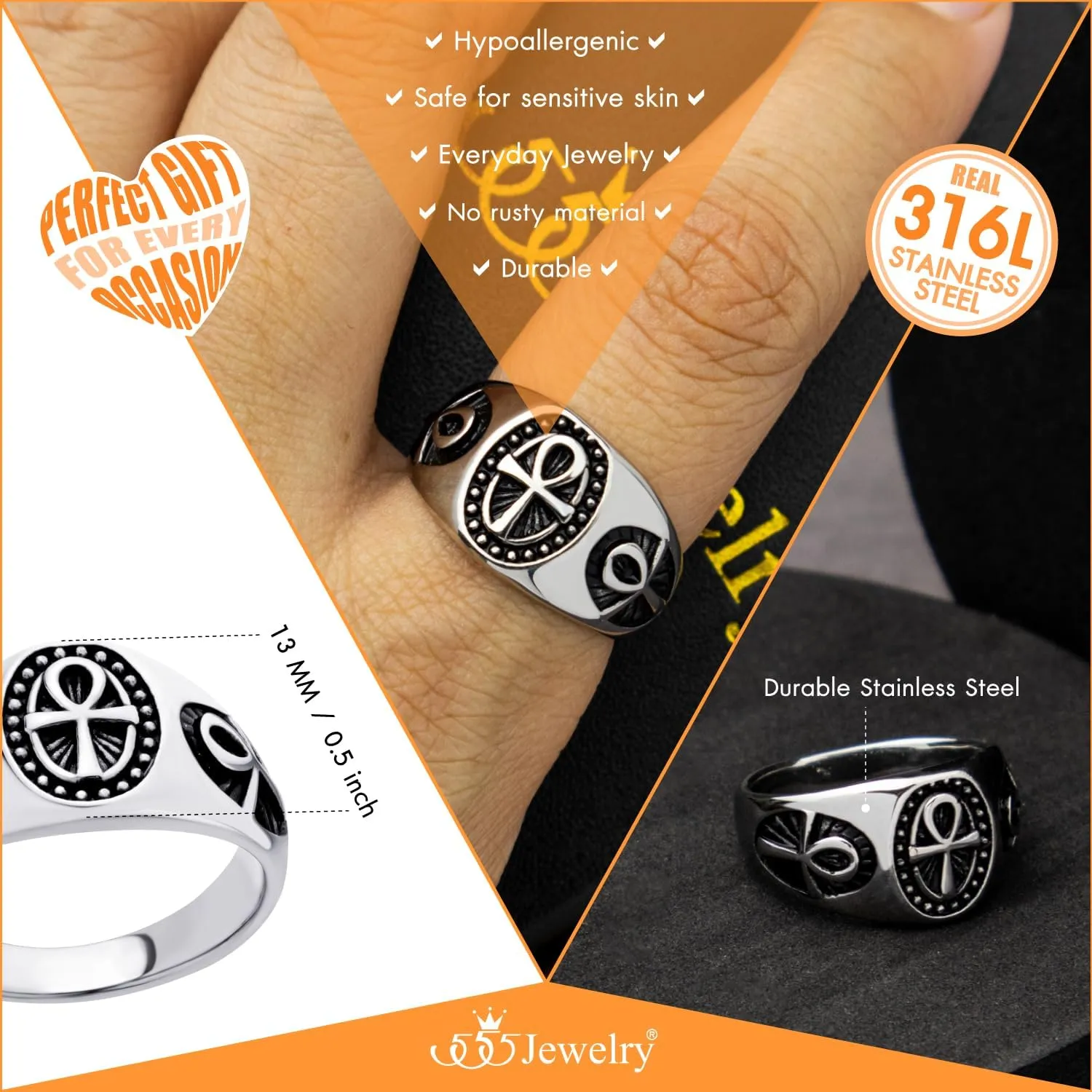 555Jewelry Ancient Egyptian Jewelry Stainless Steel Ring - Ankh Cross Ring for Men | Coptic Amulet Rings for Men Fashion