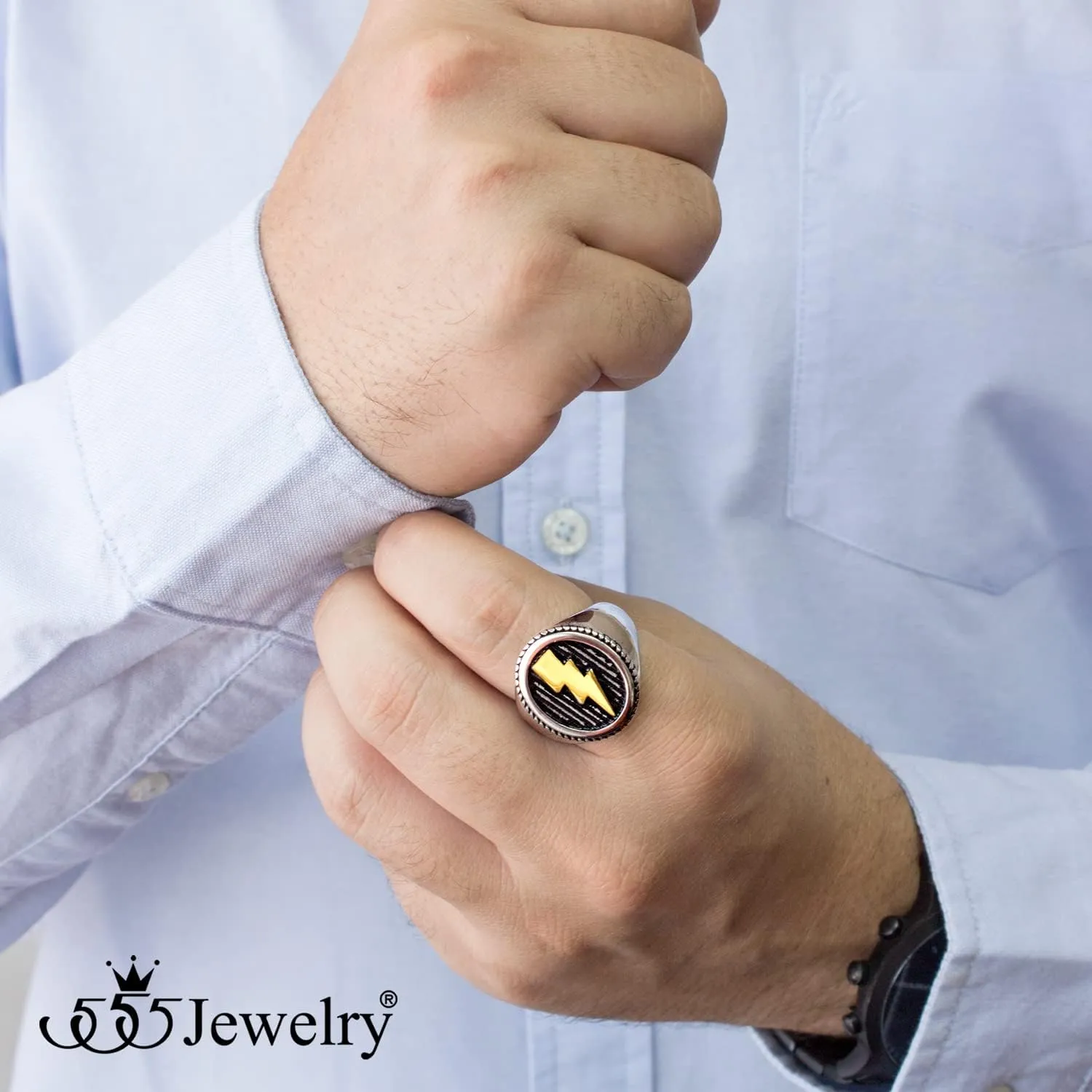 555Jewelry Stainless Steel Flash Thunder Lightning Bolt Signet Ring for Men & Boys