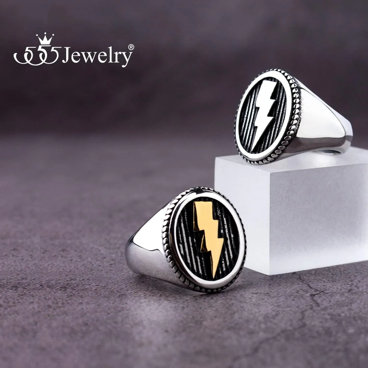 555Jewelry Stainless Steel Flash Thunder Lightning Bolt Signet Ring for Men & Boys