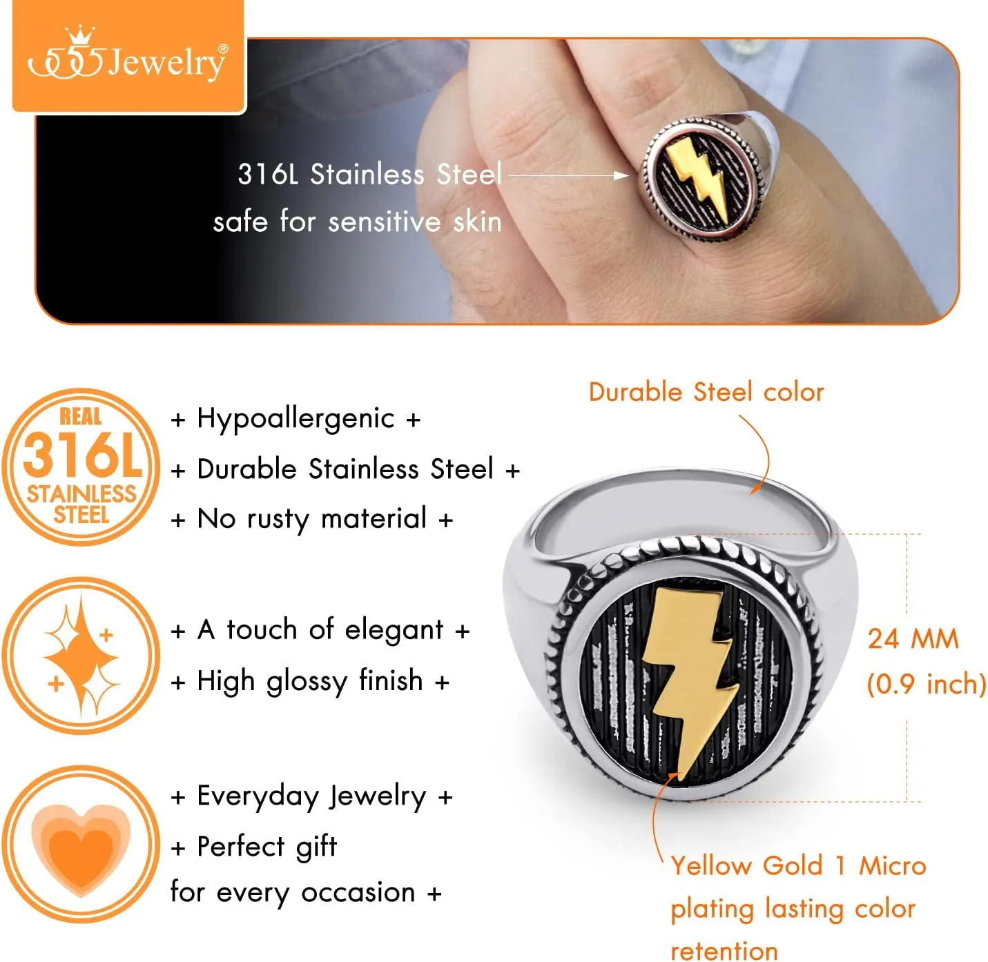 555Jewelry Stainless Steel Flash Thunder Lightning Bolt Signet Ring for Men & Boys