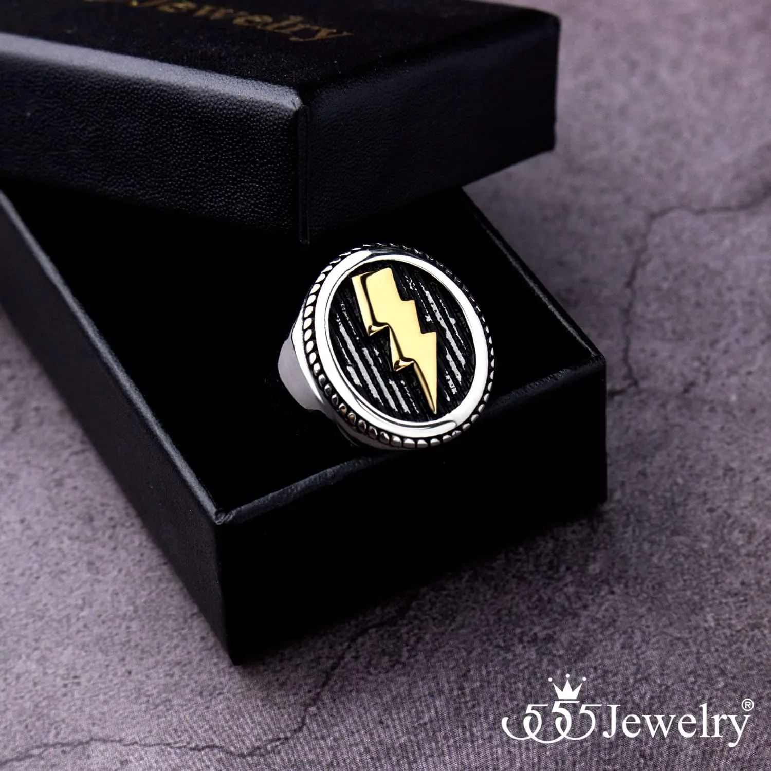 555Jewelry Stainless Steel Flash Thunder Lightning Bolt Signet Ring for Men & Boys