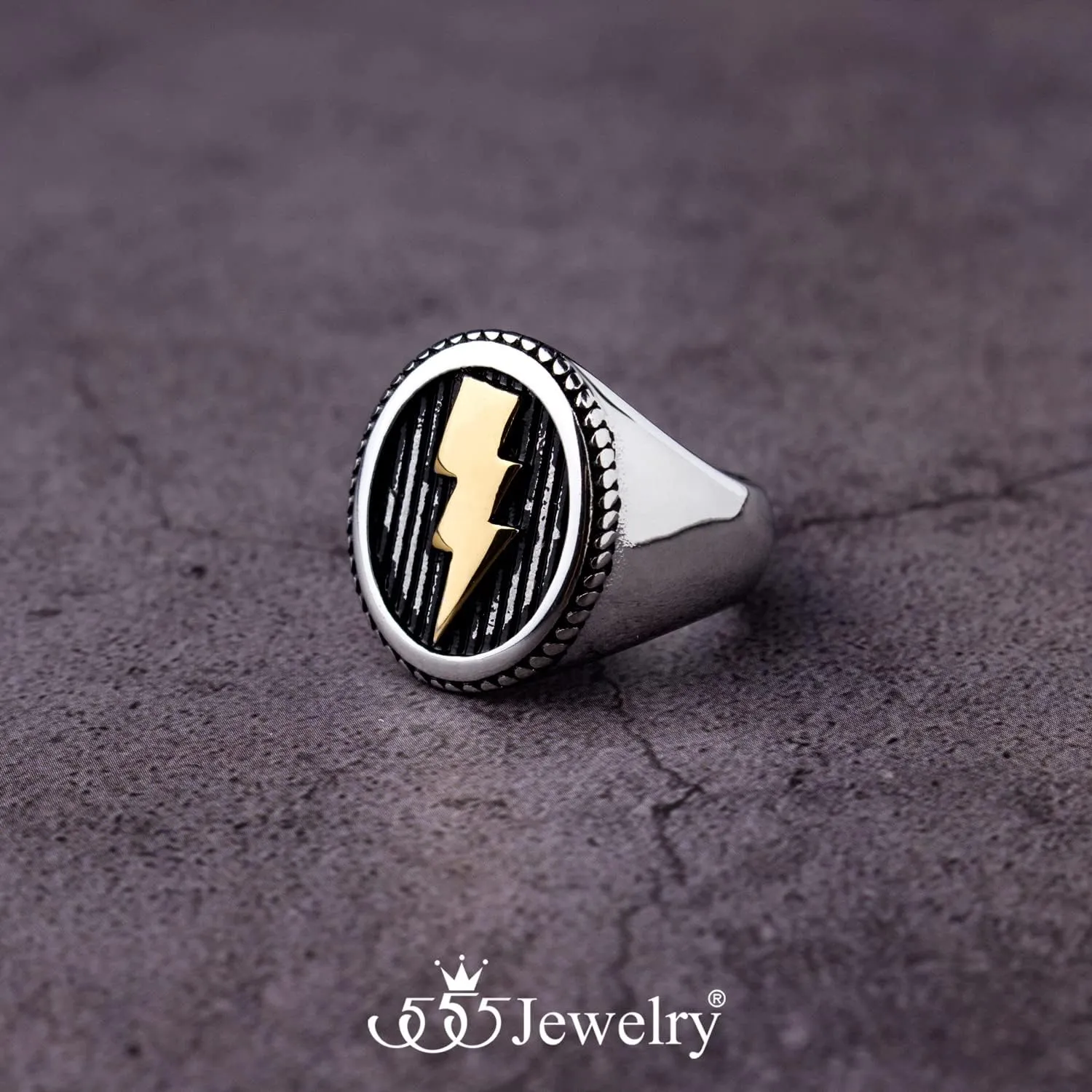 555Jewelry Stainless Steel Flash Thunder Lightning Bolt Signet Ring for Men & Boys