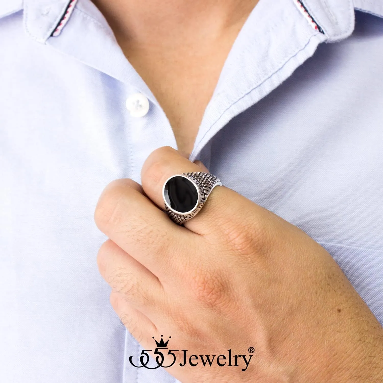 555Jewelry Stainless Steel High Polish Plain Oval Black Onyx Signet Ring for Men