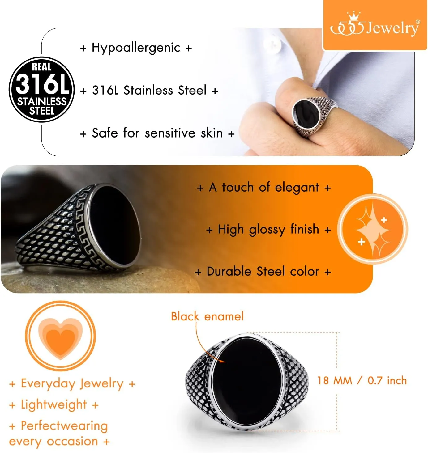 555Jewelry Stainless Steel High Polish Plain Oval Black Onyx Signet Ring for Men