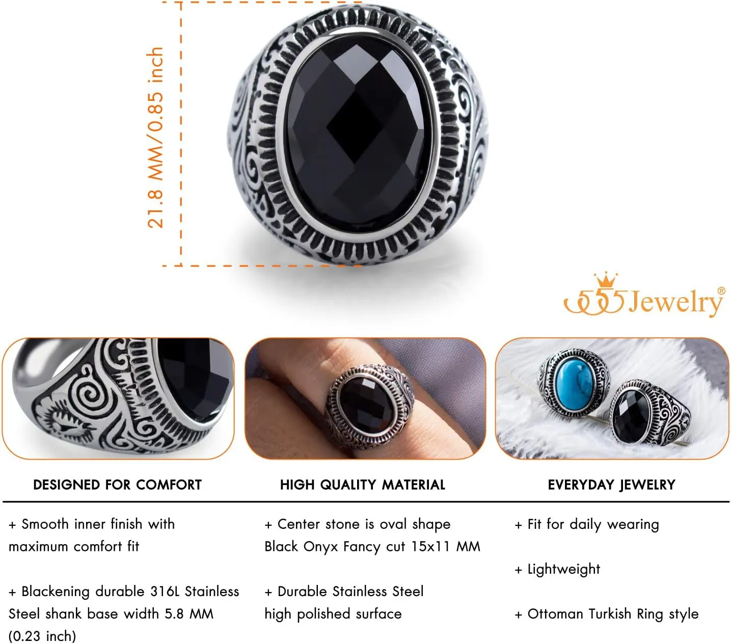 555Jewelry Stainless Steel Vintage Celtic Signet Onyx Stone Ring for Men