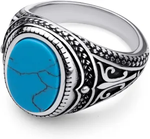 555Jewelry Stainless Steel Vintage Celtic Signet Turquoise Stone Ring for Men