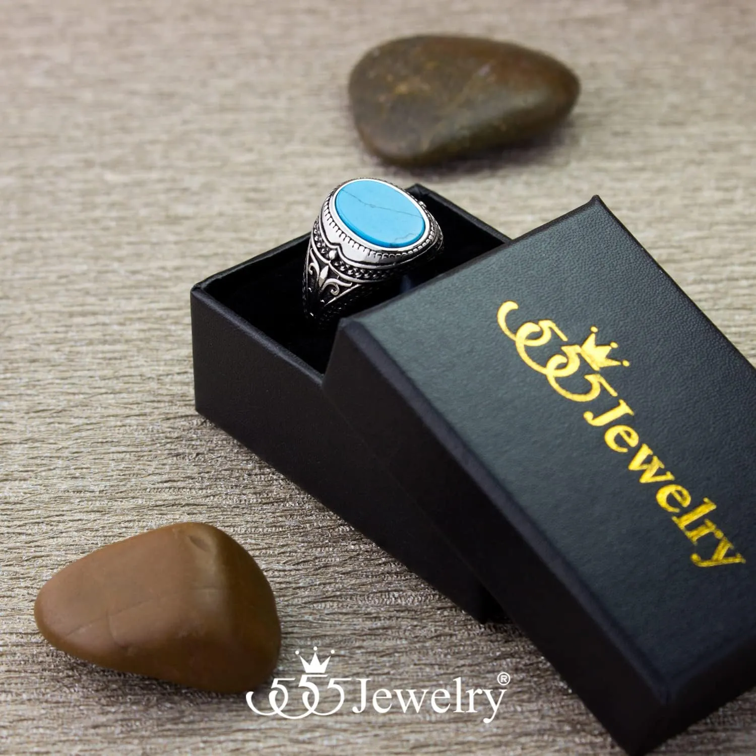 555Jewelry Stainless Steel Vintage Celtic Signet Turquoise Stone Ring for Men