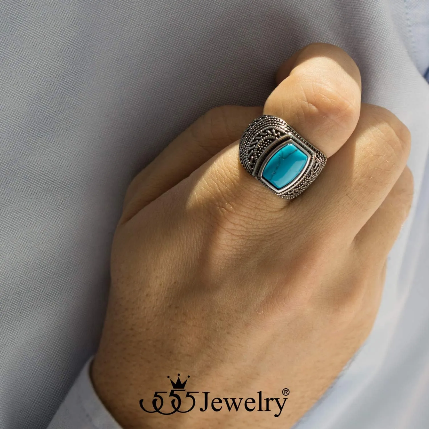 555Jewelry Stainless Steel Vintage Celtic Signet Turquoise Stone Ring for Men