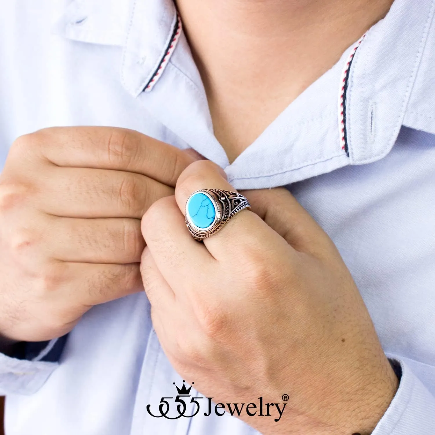 555Jewelry Stainless Steel Vintage Celtic Signet Turquoise Stone Ring for Men