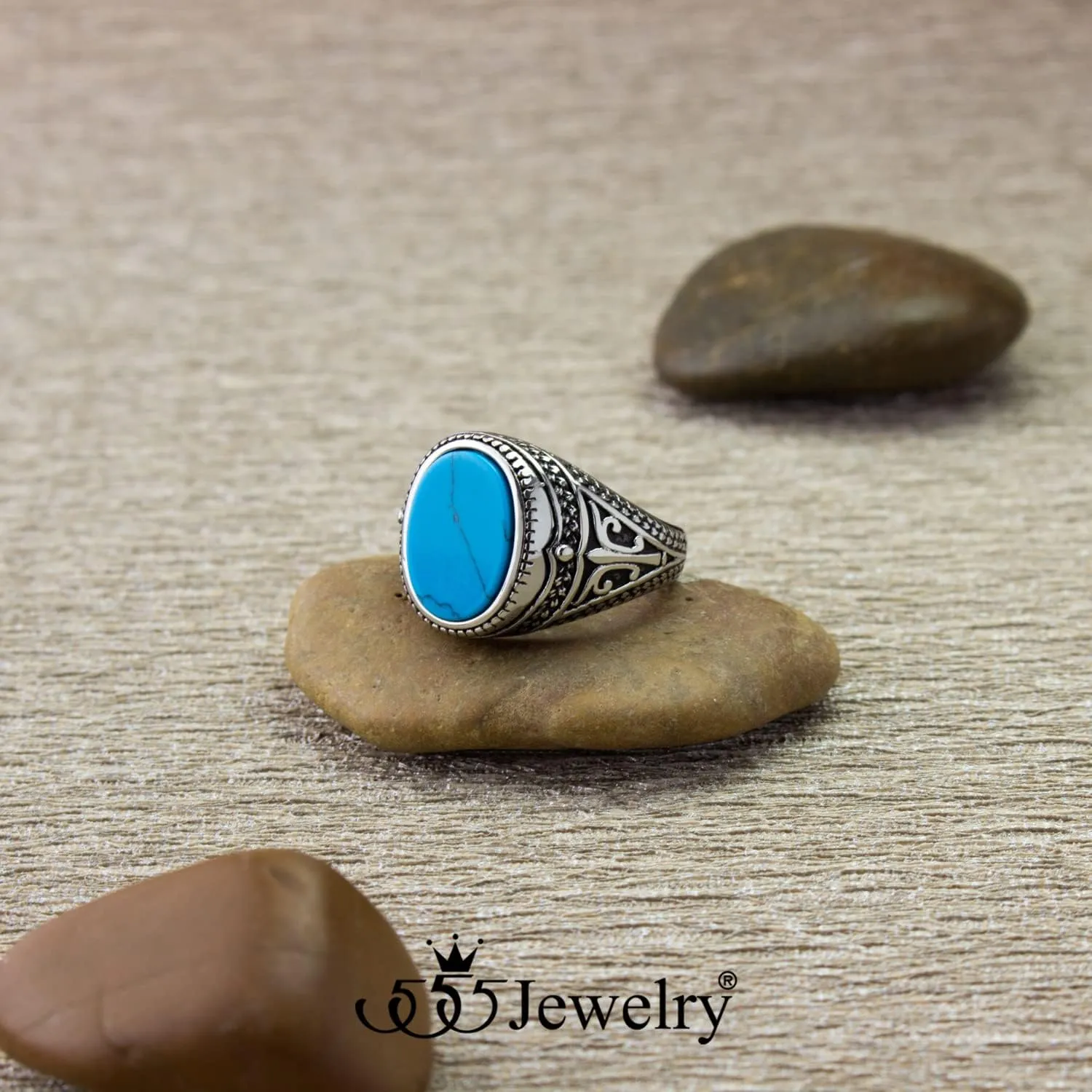 555Jewelry Stainless Steel Vintage Celtic Signet Turquoise Stone Ring for Men