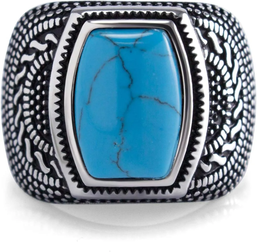 555Jewelry Stainless Steel Vintage Celtic Signet Turquoise Stone Ring for Men