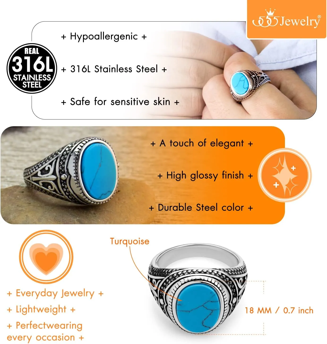 555Jewelry Stainless Steel Vintage Celtic Signet Turquoise Stone Ring for Men