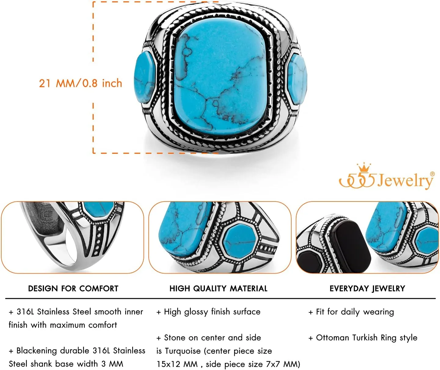 555Jewelry Stainless Steel Vintage Celtic Signet Turquoise/Onyx Stone Ring for Men