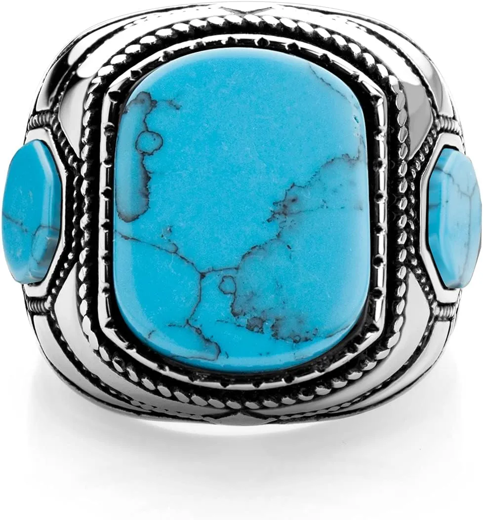 555Jewelry Stainless Steel Vintage Celtic Signet Turquoise/Onyx Stone Ring for Men