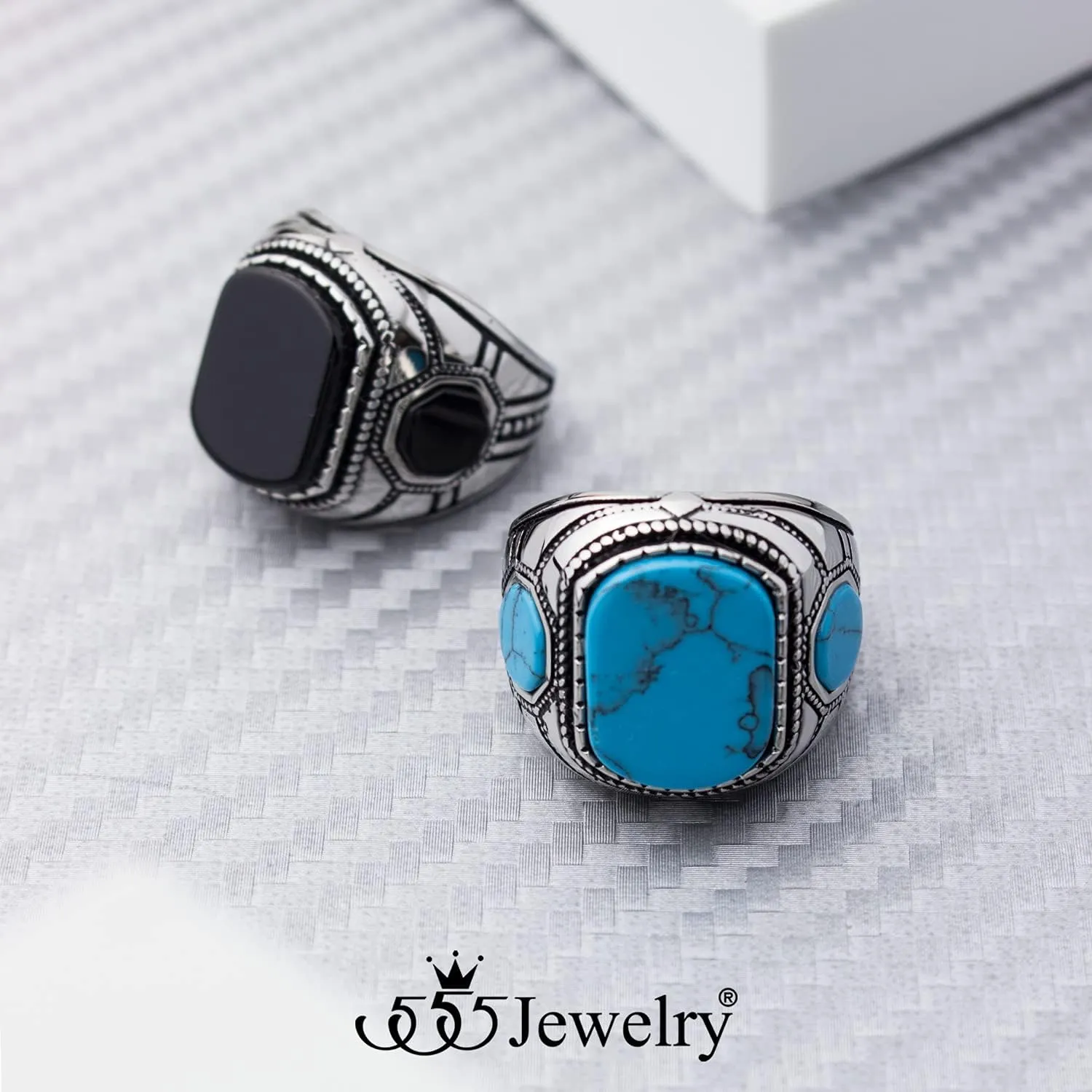 555Jewelry Stainless Steel Vintage Celtic Signet Turquoise/Onyx Stone Ring for Men