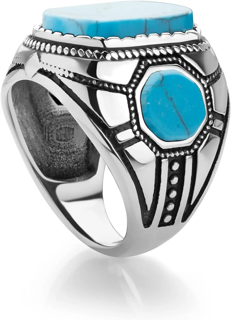 555Jewelry Stainless Steel Vintage Celtic Signet Turquoise/Onyx Stone Ring for Men