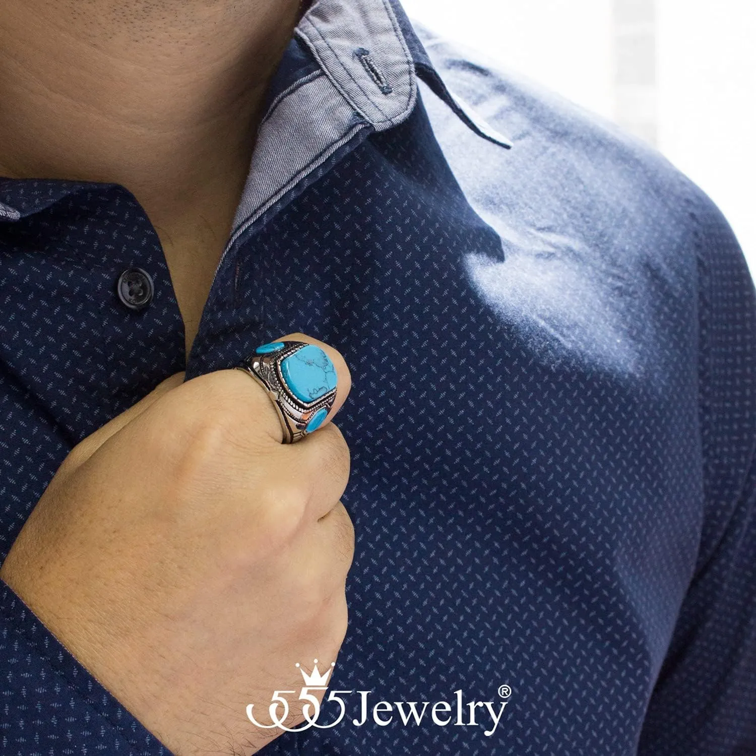 555Jewelry Stainless Steel Vintage Celtic Signet Turquoise/Onyx Stone Ring for Men