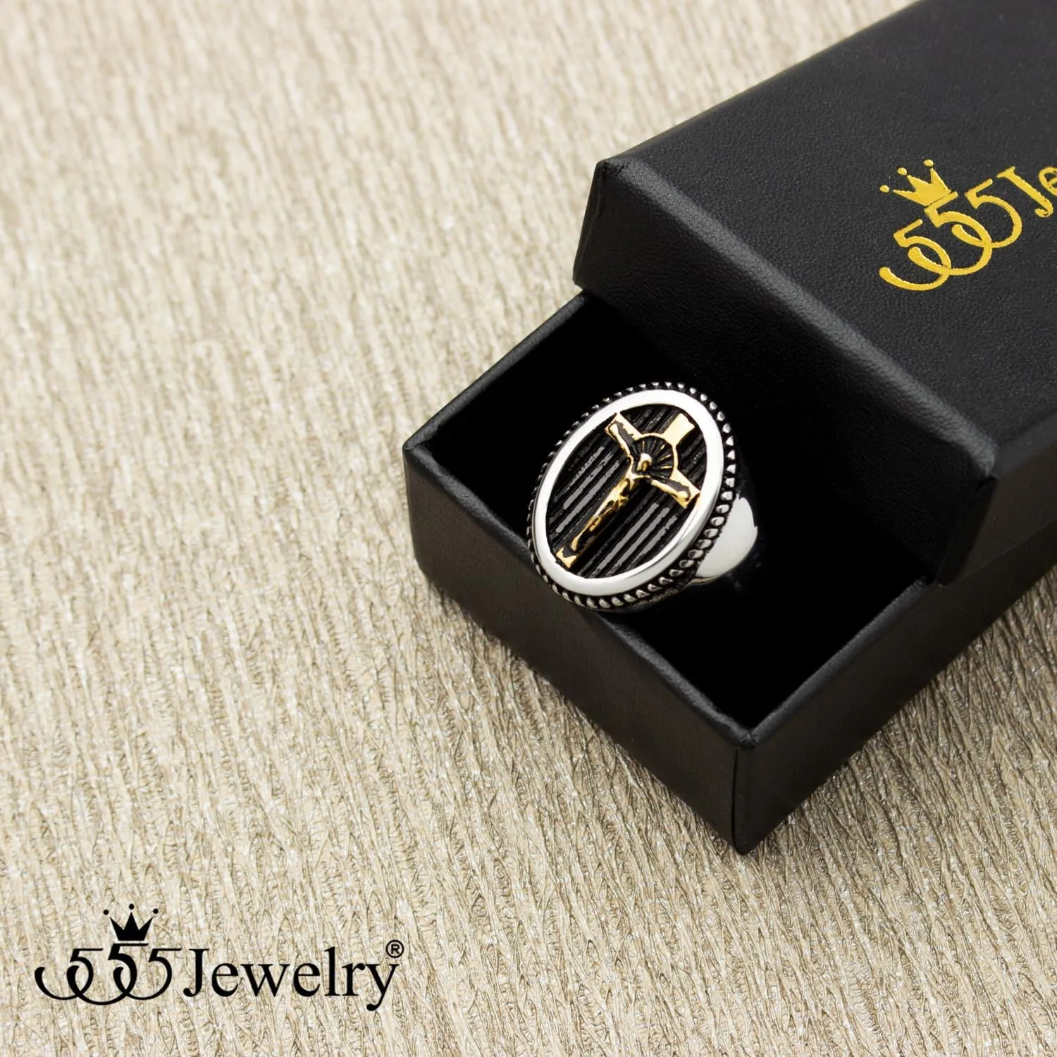 555Jewelry Stainless Steel Vintage Hammered Style Cross GOD Signet Ring for Men
