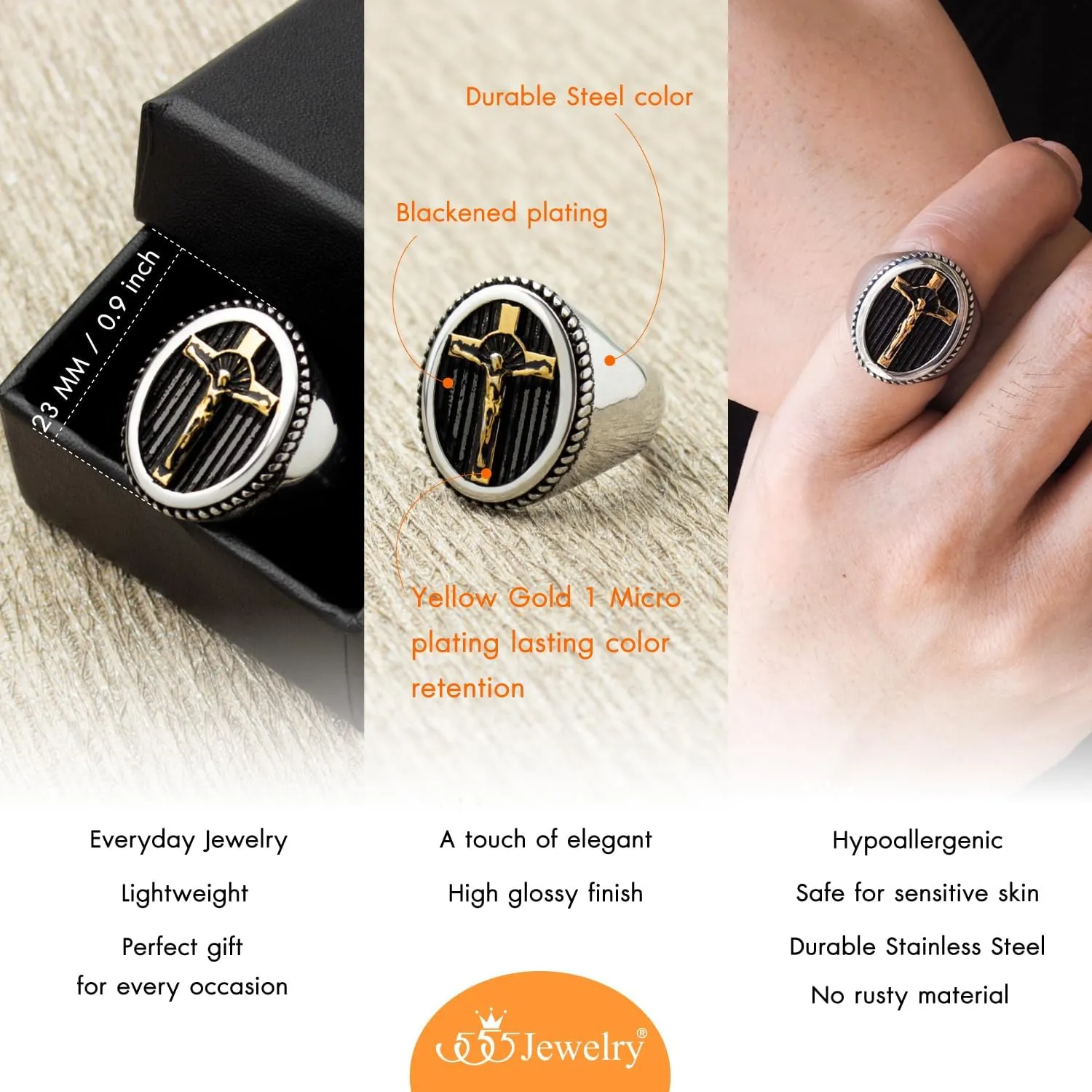 555Jewelry Stainless Steel Vintage Hammered Style Cross GOD Signet Ring for Men