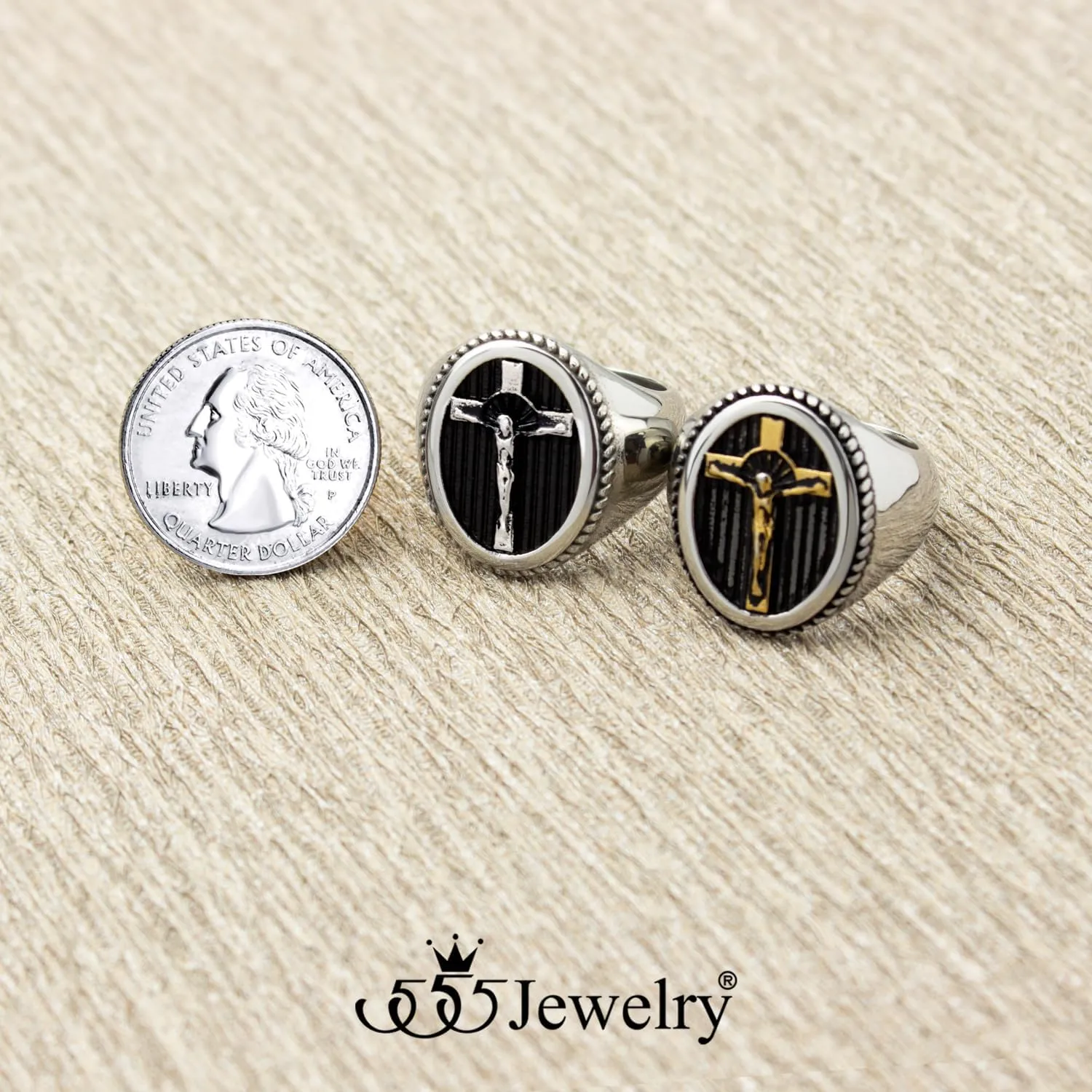 555Jewelry Stainless Steel Vintage Hammered Style Cross GOD Signet Ring for Men