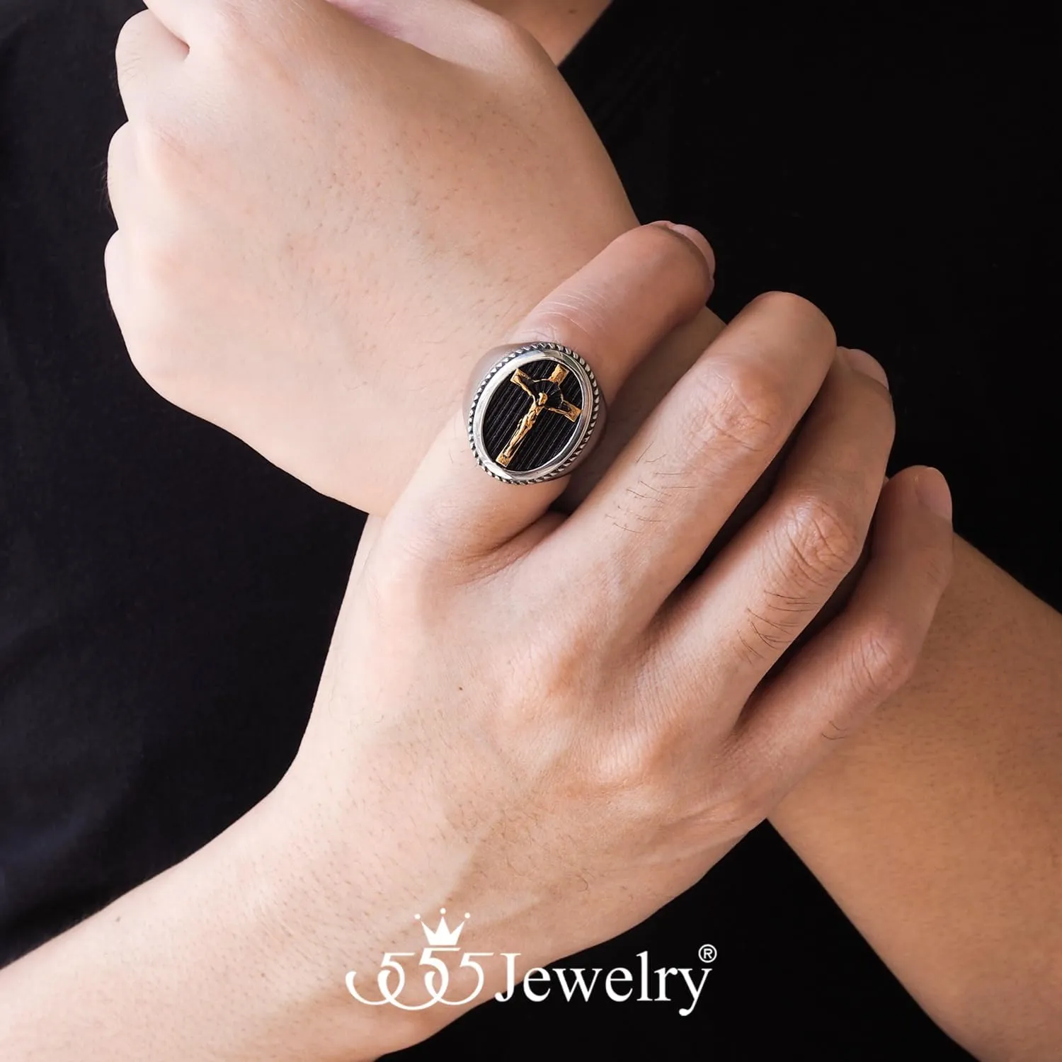 555Jewelry Stainless Steel Vintage Hammered Style Cross GOD Signet Ring for Men