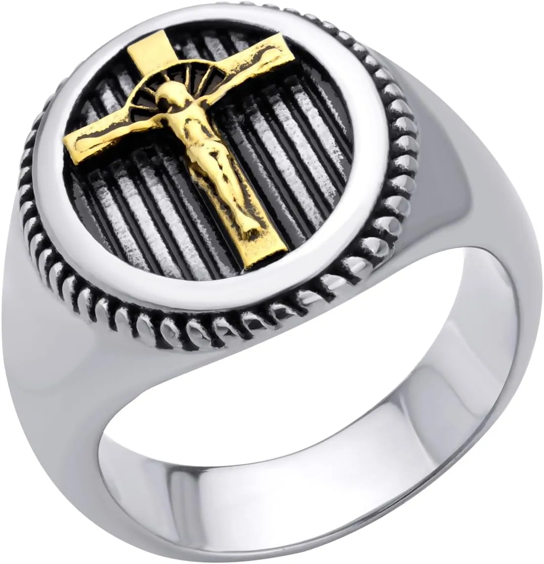555Jewelry Stainless Steel Vintage Hammered Style Cross GOD Signet Ring for Men