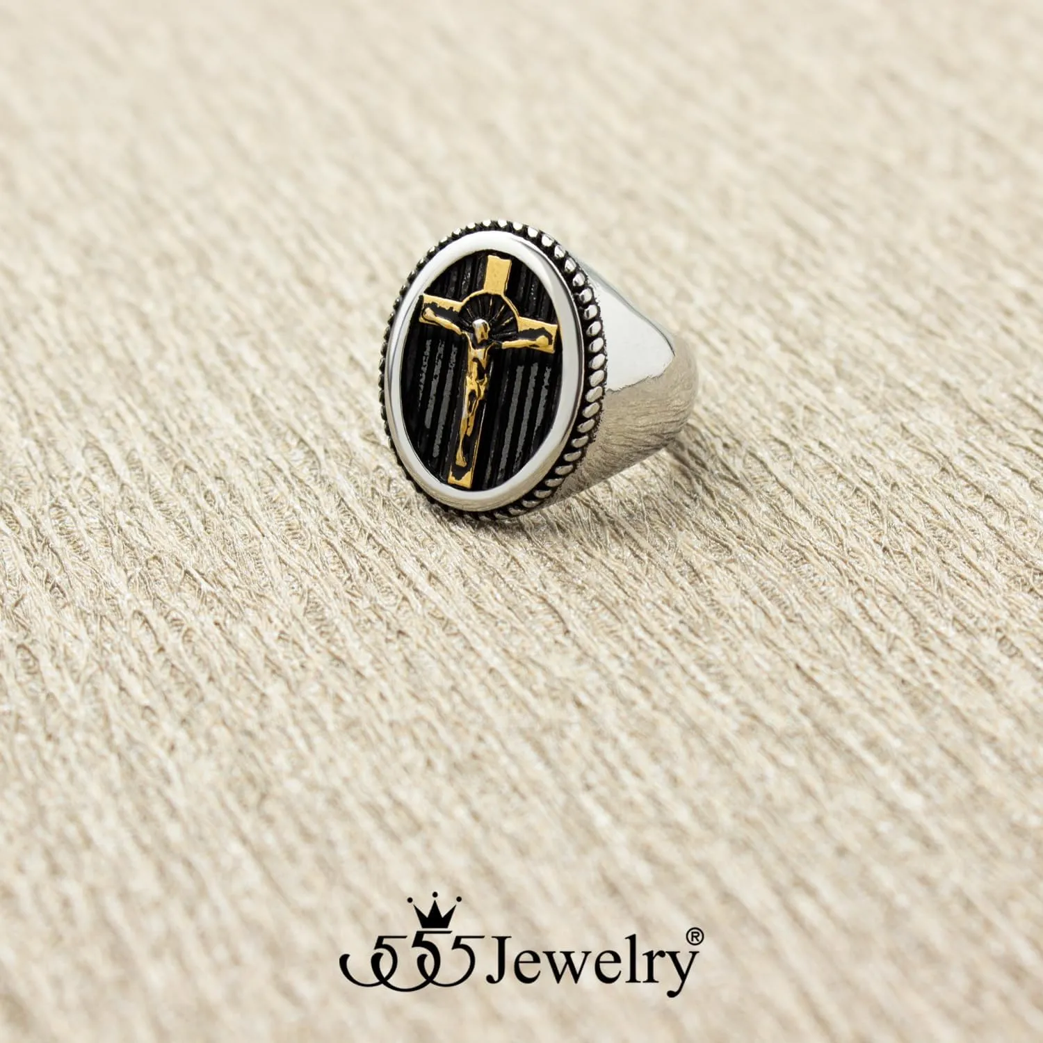 555Jewelry Stainless Steel Vintage Hammered Style Cross GOD Signet Ring for Men