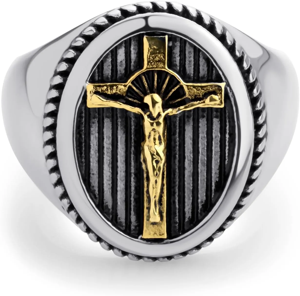 555Jewelry Stainless Steel Vintage Hammered Style Cross GOD Signet Ring for Men