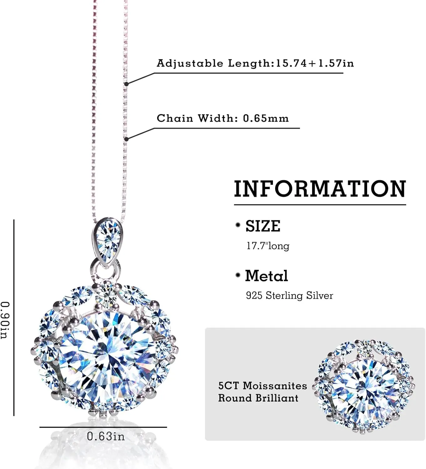 5CT Moissanite Pendant Necklace for Women 925 Sterling Silver Necklace with Moissanite Diamond D Color Ideal Cut Diamond Necklace Gift for Women Men Mom
