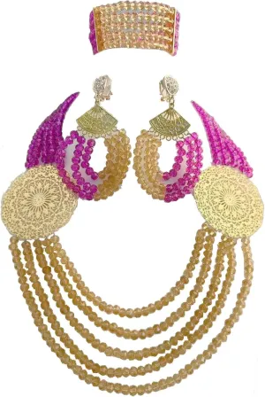 5Rows Purple and Gold African Wedding Jewelry Set,Crystal Beads Necklace Jewelry Set