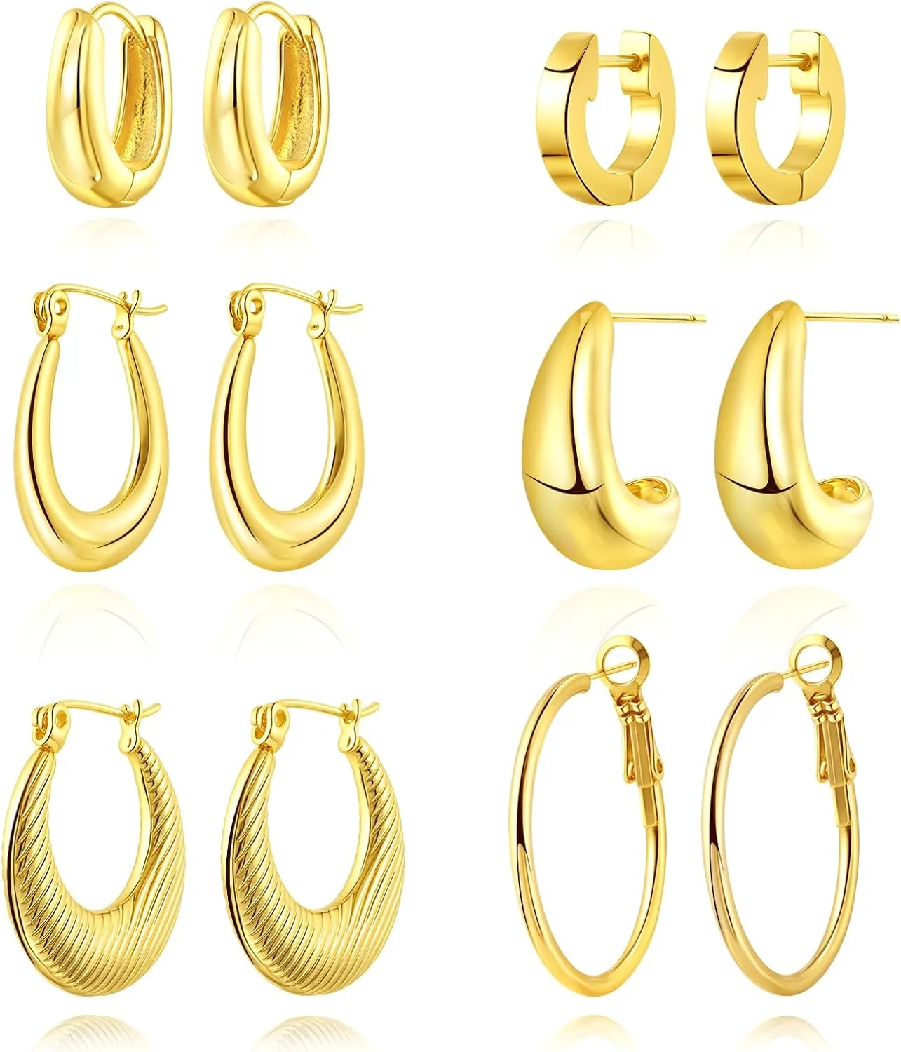 6 Pairs Chunky Hoop Earrings Set for Women 14K Gold Plated Hypoallergenic Hoops Open Twist Huggie Earrings Lightweight Thick Hoops for Everyday (Christmas/Valentines/Mothers Day Jewelry)