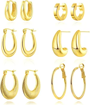 6 Pairs Chunky Hoop Earrings Set for Women 14K Gold Plated Hypoallergenic Hoops Open Twist Huggie Earrings Lightweight Thick Hoops for Everyday (Christmas/Valentines/Mothers Day Jewelry)