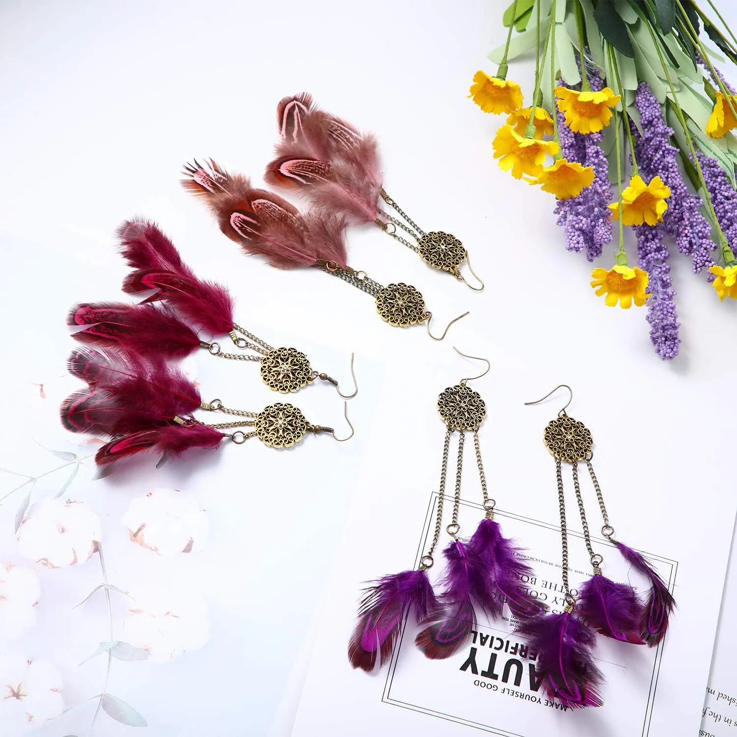 6 Pairs Women Faux Feather Earrings Dream Catcher Bohemian Fringe Tassel Long Drop Dangle Earrings Set with Design for Women
