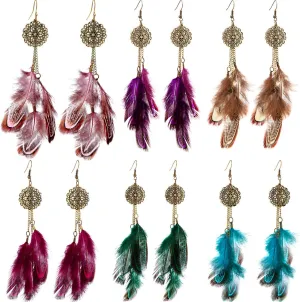 6 Pairs Women Faux Feather Earrings Dream Catcher Bohemian Fringe Tassel Long Drop Dangle Earrings Set with Design for Women