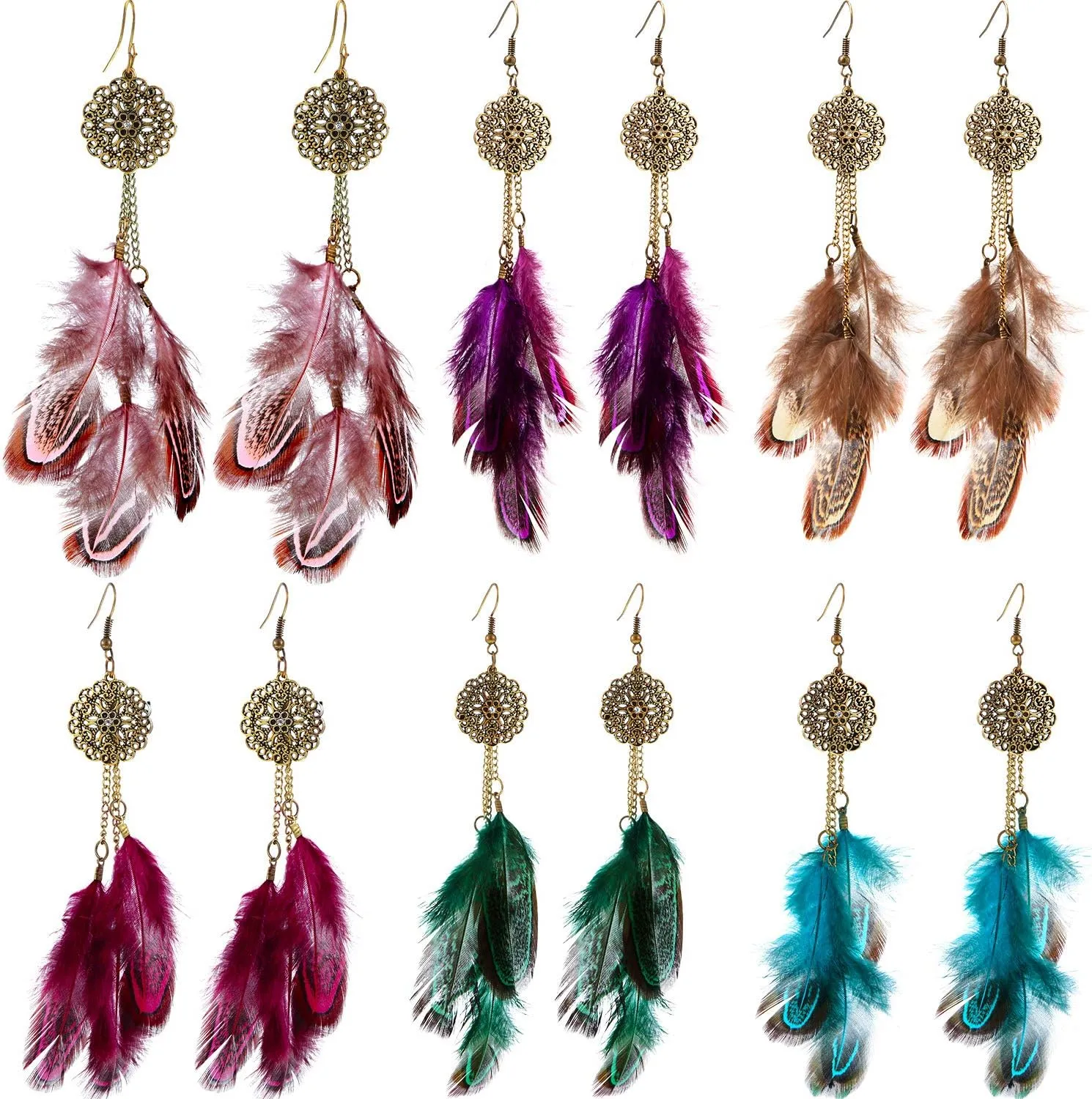 6 Pairs Women Faux Feather Earrings Dream Catcher Bohemian Fringe Tassel Long Drop Dangle Earrings Set with Design for Women