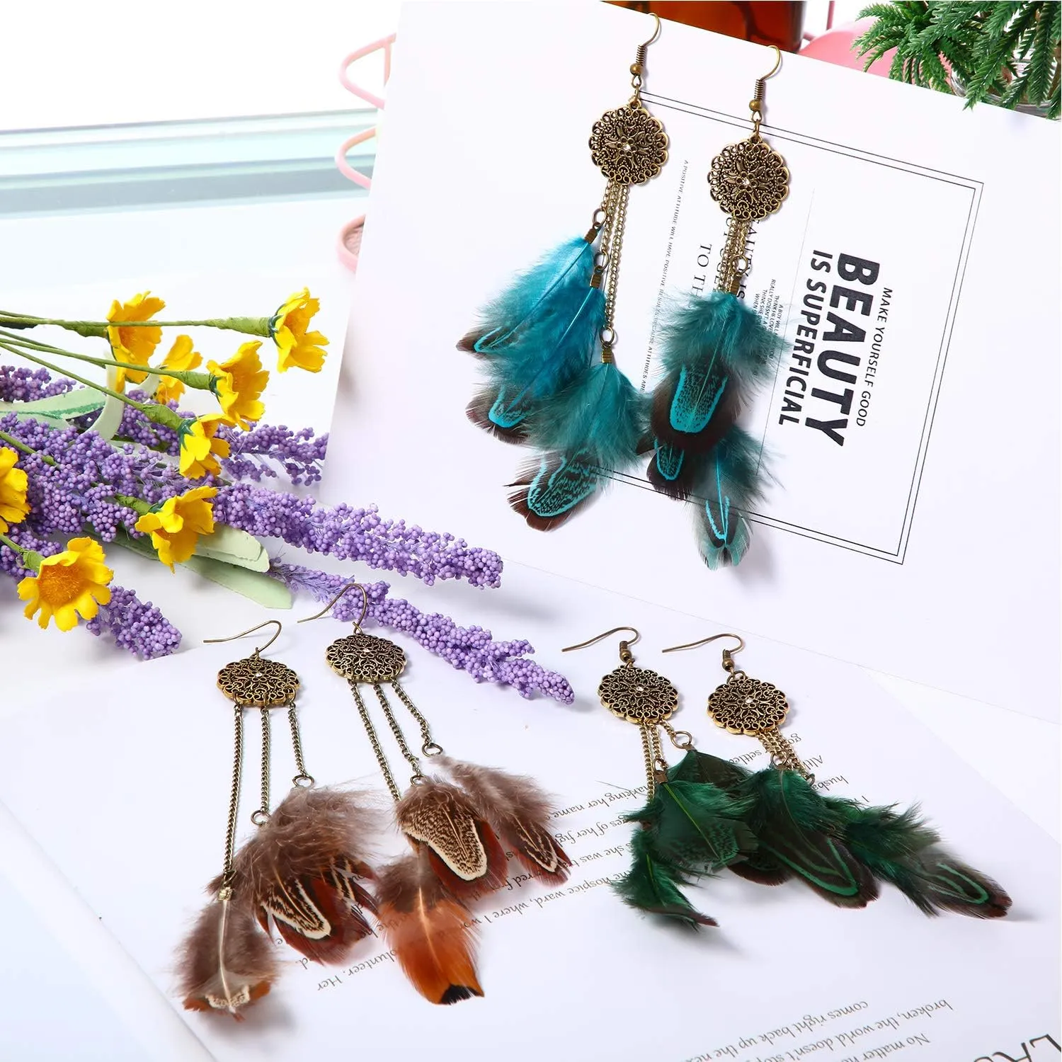 6 Pairs Women Faux Feather Earrings Dream Catcher Bohemian Fringe Tassel Long Drop Dangle Earrings Set with Design for Women