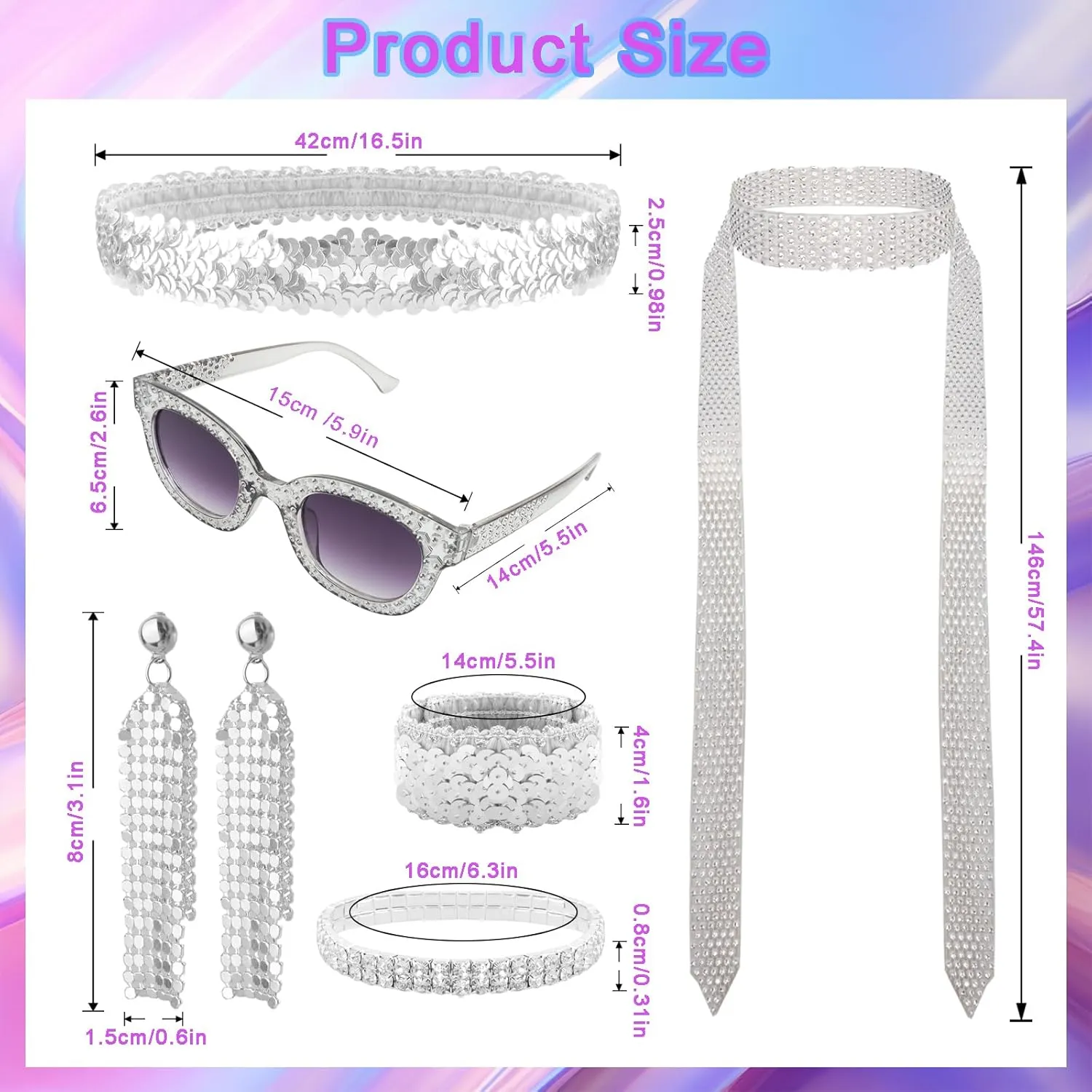 6 Pcs 70s Disco Accessories Women Costume Jewelry Set 1970s Disco Diamond Bracelet Headband Sequin Scarf Glasses Earrings