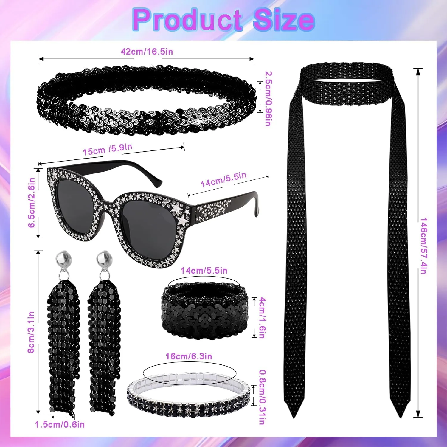 6 Pcs 70s Disco Accessories Women Costume Jewelry Set 1970s Disco Diamond Bracelet Headband Sequin Scarf Glasses Earrings