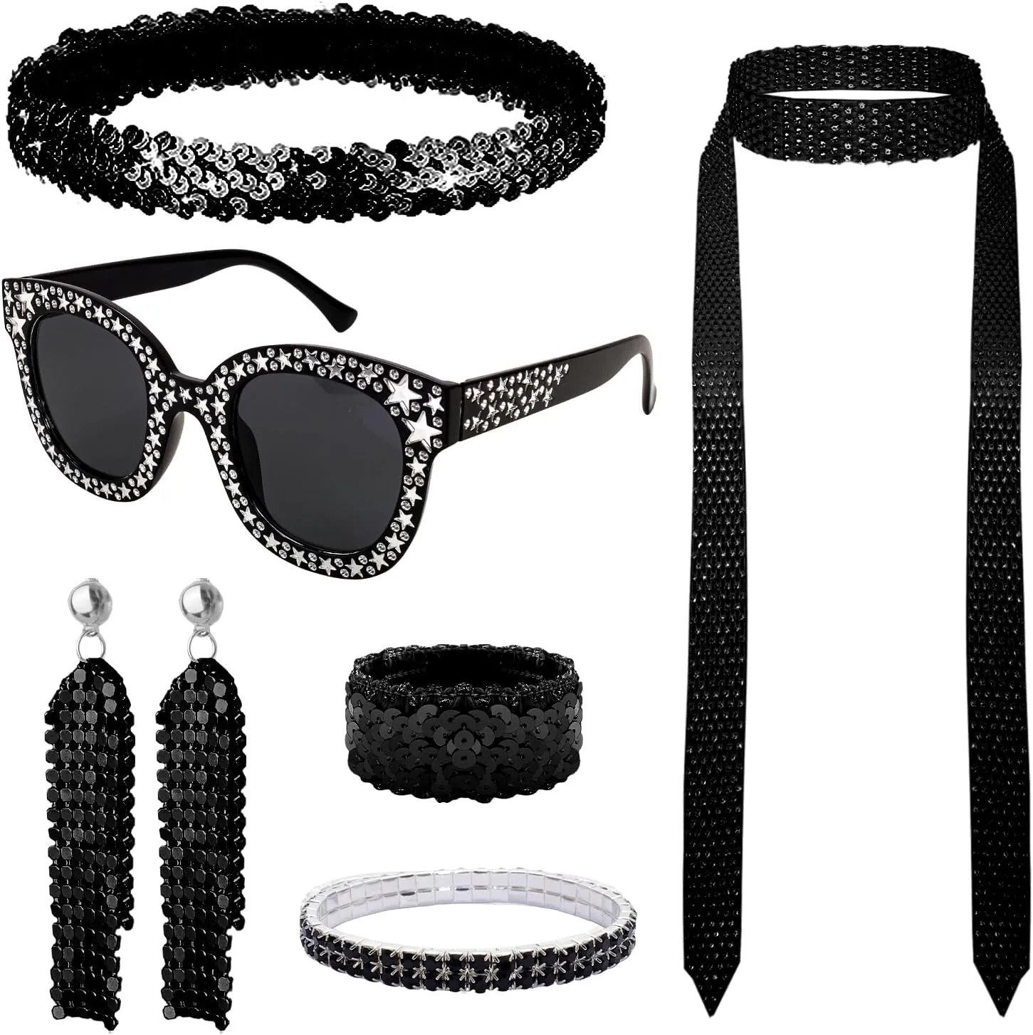 6 Pcs 70s Disco Accessories Women Costume Jewelry Set 1970s Disco Diamond Bracelet Headband Sequin Scarf Glasses Earrings
